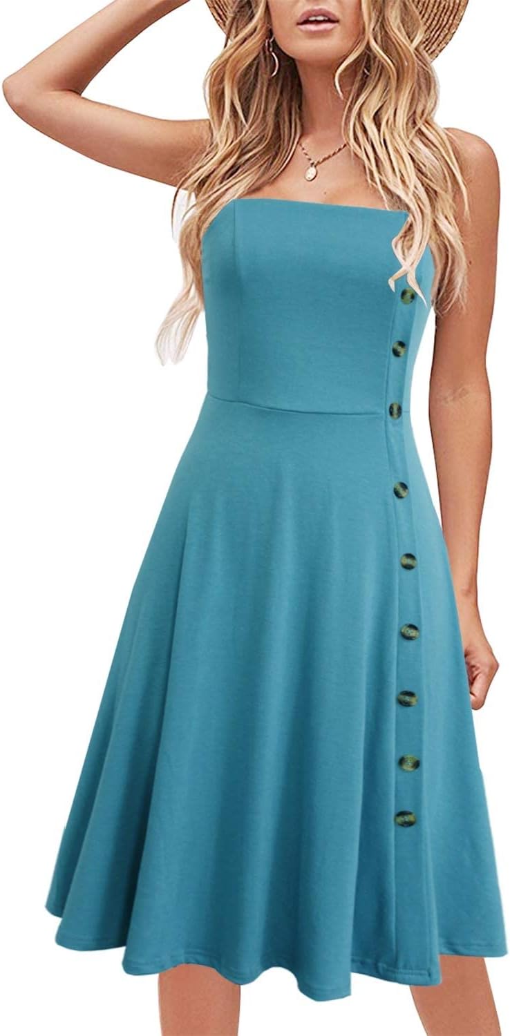 Women's Casual Summer Beach Flattering Flowy A-Line Spaghetti Straps Solid Cotton Button Down Midi Sundress