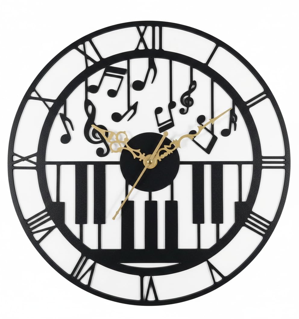 Maestro's Music Wall Clock, 12 Inches, Silent Quartz Movement, Piano Keys & Musical Notes Design, Black Metal-image-13