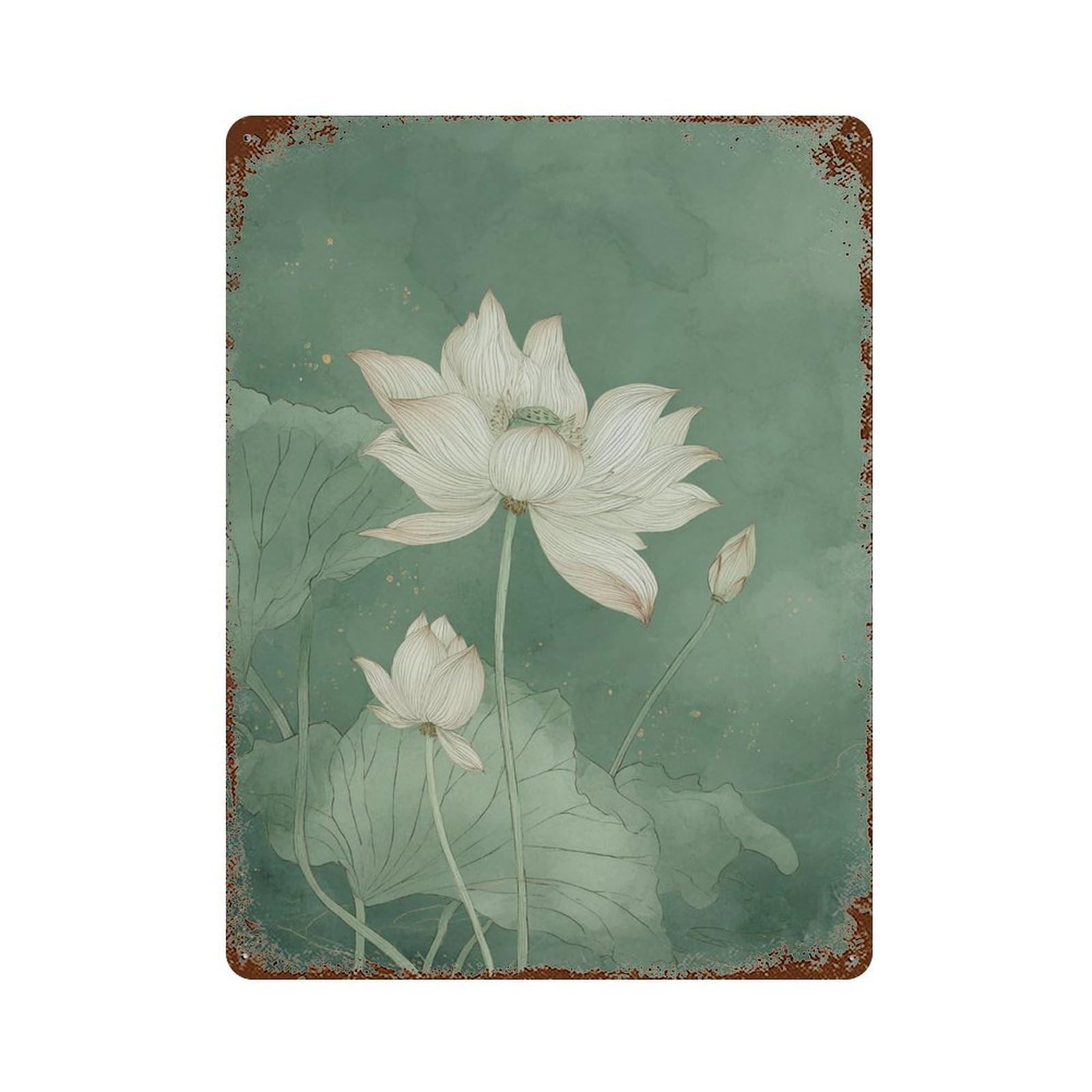 xiaoxiaoshen Lotus Flower Minimal Botanical Painting Asian Zen Green Nature Elegant Floral Wo Wall Decor Art Metal Tin Poster Modern Home Decor Art Home Bar Shop Decorations Vintage Sign 40x30cm