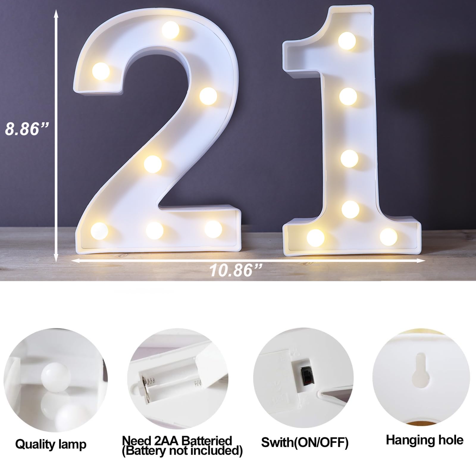 8.8" Decorative LED Light Up Numbers, Marquee Numbers Lights for 21st Birthday Decorations, Lighted Number Sign for Birthday Party Night Lights Anniversary Backdrop Home Decor, White Number 21 — view 6