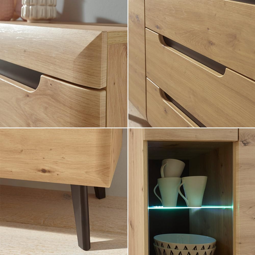 Lomadox Skandinavisches Wohnwand und Couchtisch Set, Eiche Artisan mit Schwarz, inkl. Beleuchtung, tiegezogene MDF-Fronten, Massivholzfüße