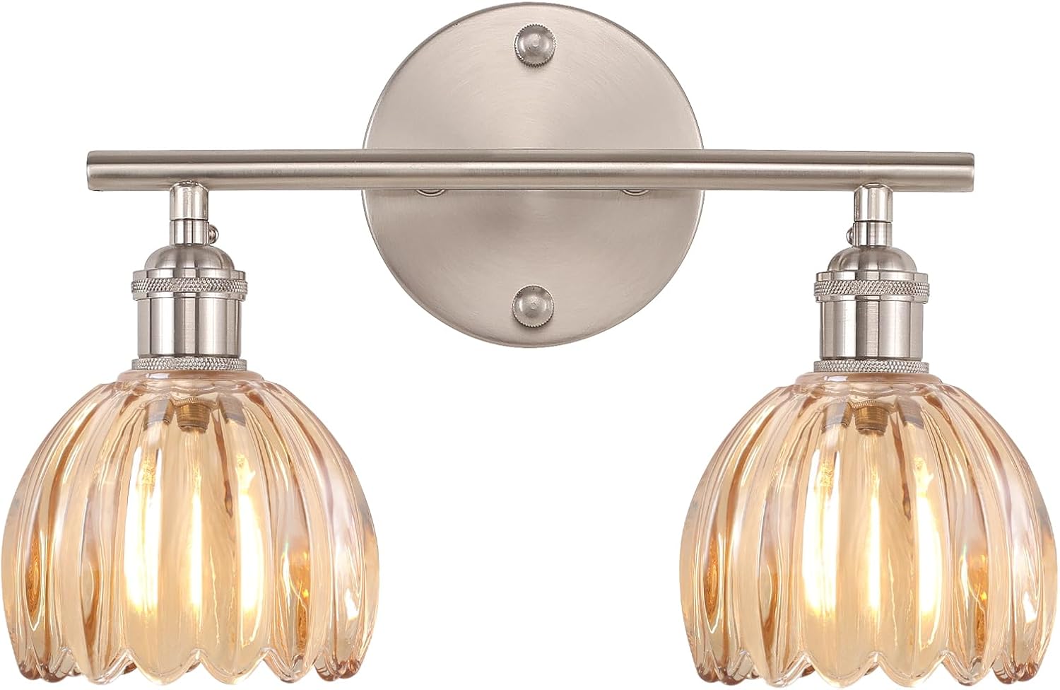 Bathroom Light Fixtures, 2-Light Vanity Wall Light Over Mirror with Amber Tulip Glass Shade for Bedroom Living Room, Satin Nickel 2 Heads-Nickel Base-Tulip Light Amber Hardwired