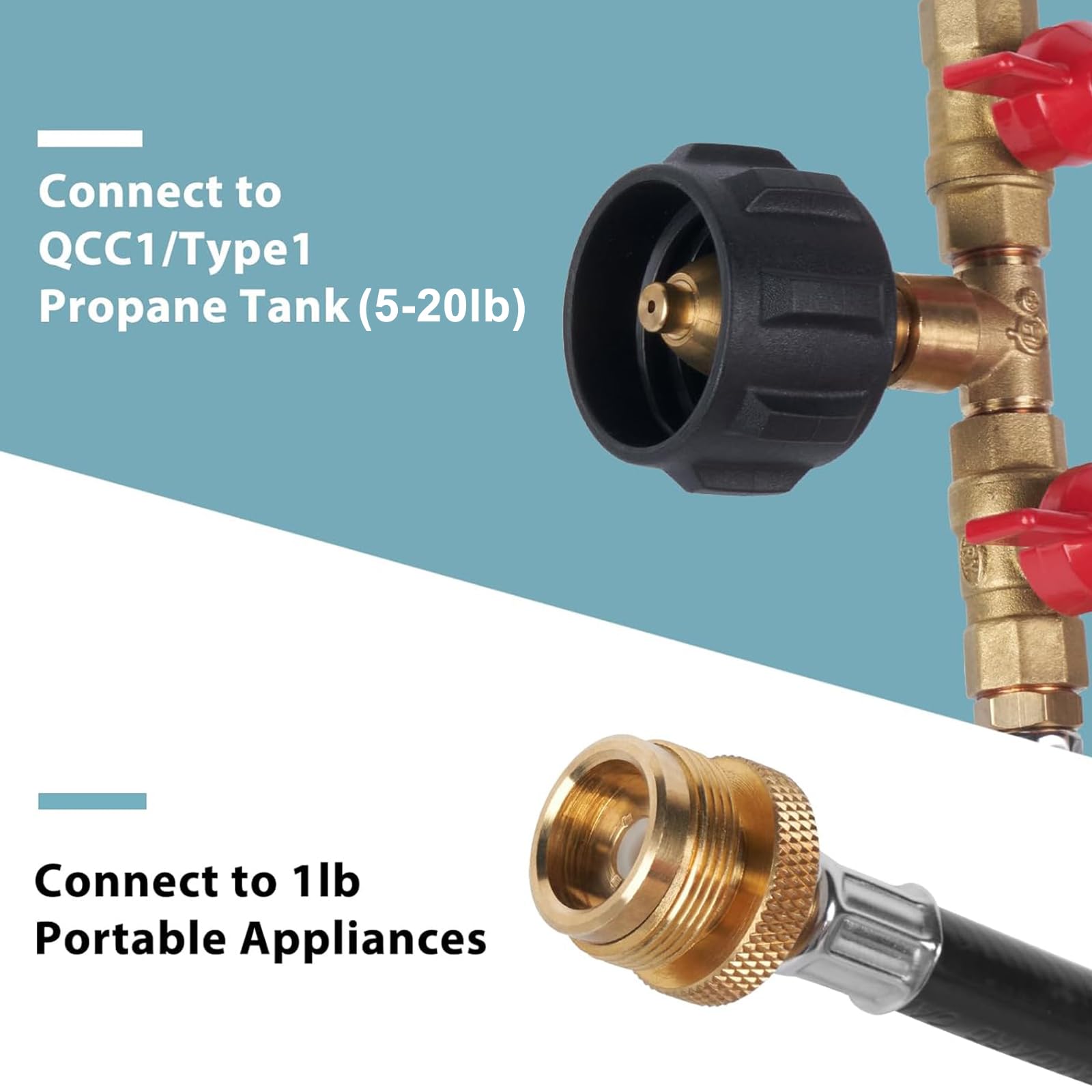 5ft Propane 2 Way Splitter Hose - 1lb To 20lb Converter With Shut Off Valves
