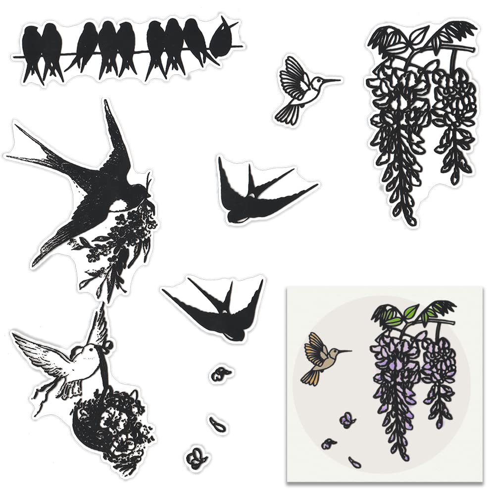Birds Flower Stamps and Dies Set, Spring Swallow Flower Clear Rubber Stamps Cutting Die Birds Die Cuts for Card Making Scrapbooking Carbon Steel Wedding Embossing Template DIY Craft Decor Gift