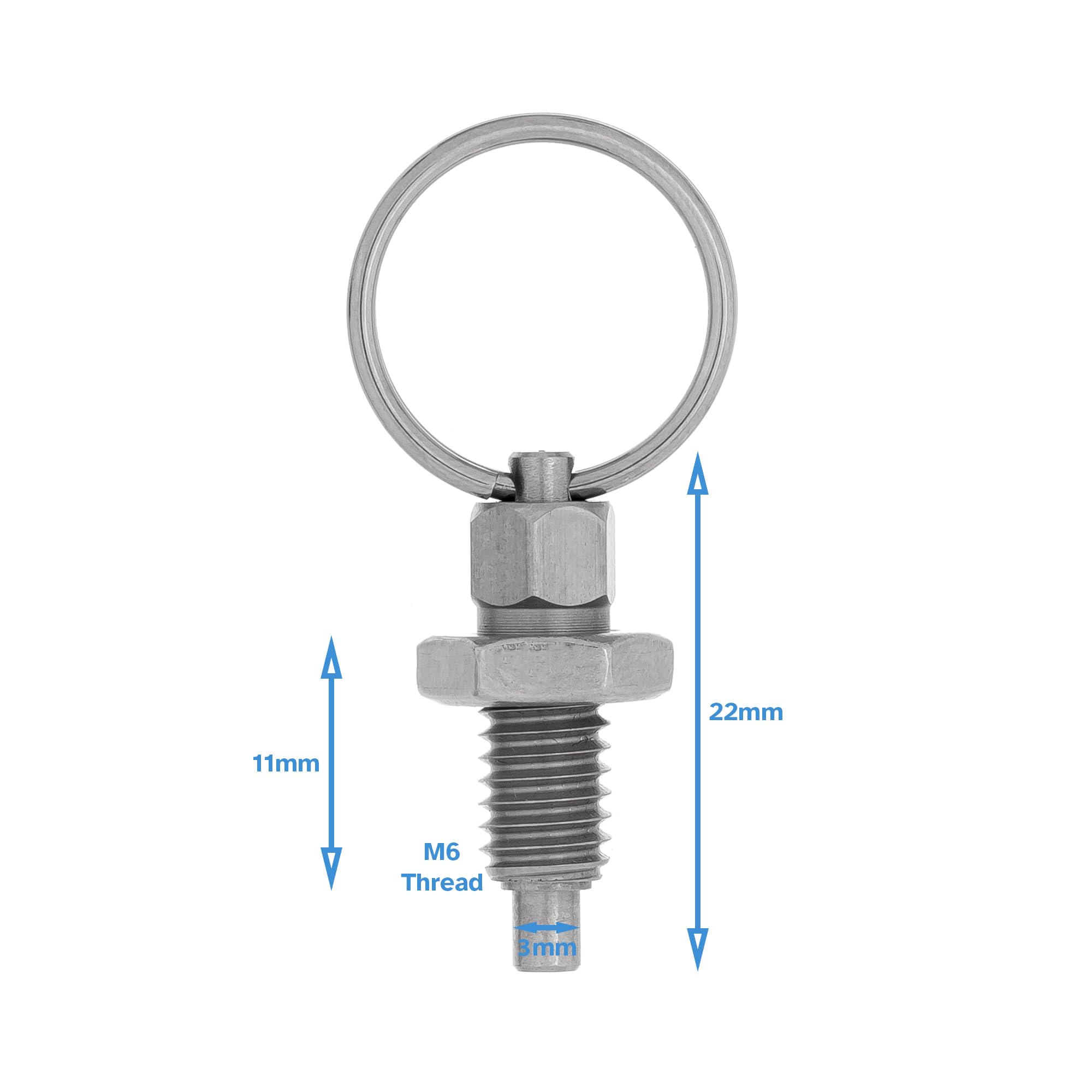 HALLMERS M6 x 11mm Thread 3mm Pin Diameter Flat Head Indexing Spring Plunger with Pull Ring - Stainless Steel Retractable Locking Bolt Auto Stop Non Lock-Out Threaded Index Mechanism Accessory Tool