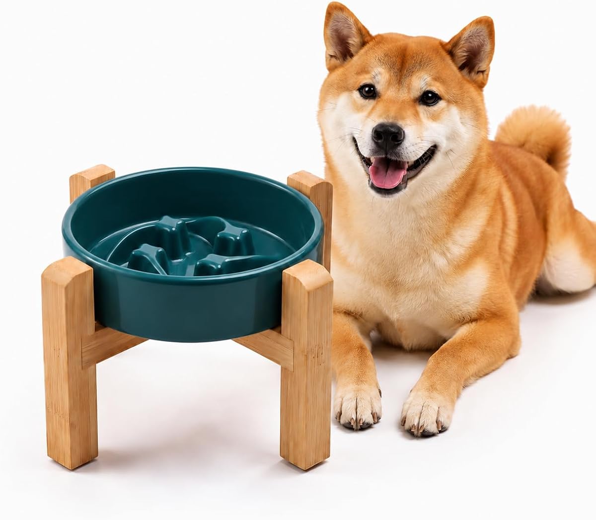 Ceramic Slow Feeder/Dog Bowl for Small Medium Dogs,Elevated/Raised Slow Feeding Dog Food Water Dish Heavy Weighted,Puzzle Eating Bowl Moder （Stars Mark-Forest Green, 8.26in）