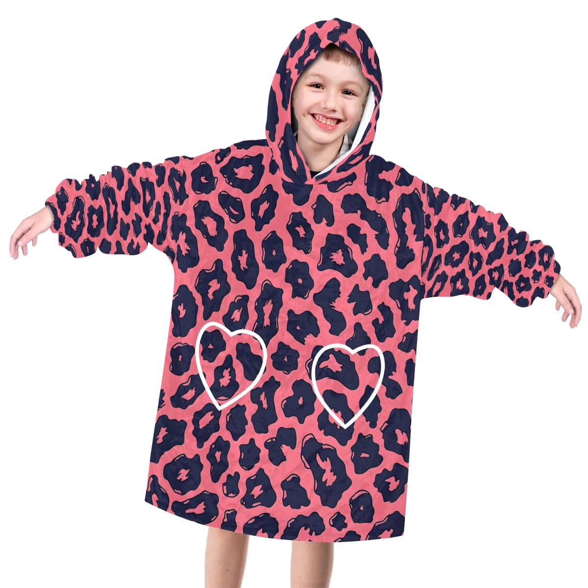 Wearable Blanket Hoodie for Kids, Glamorous Leopard Print Fleece Sweatshirt Blanket Oversized Blanket Sweatshirt with Pocket Flannel Warm Hooded Blanket 6-10 Year Old Girl Boy Gift, One Size