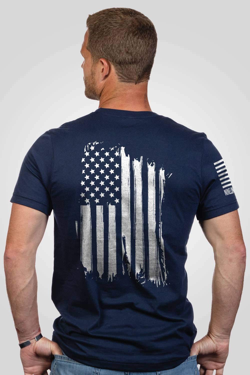 Nine LineAmerican Flag T-Shirt - Unisex Midnight Navy Patriotic T-Shirt - Dropline Logo and American Flag on Sleeve