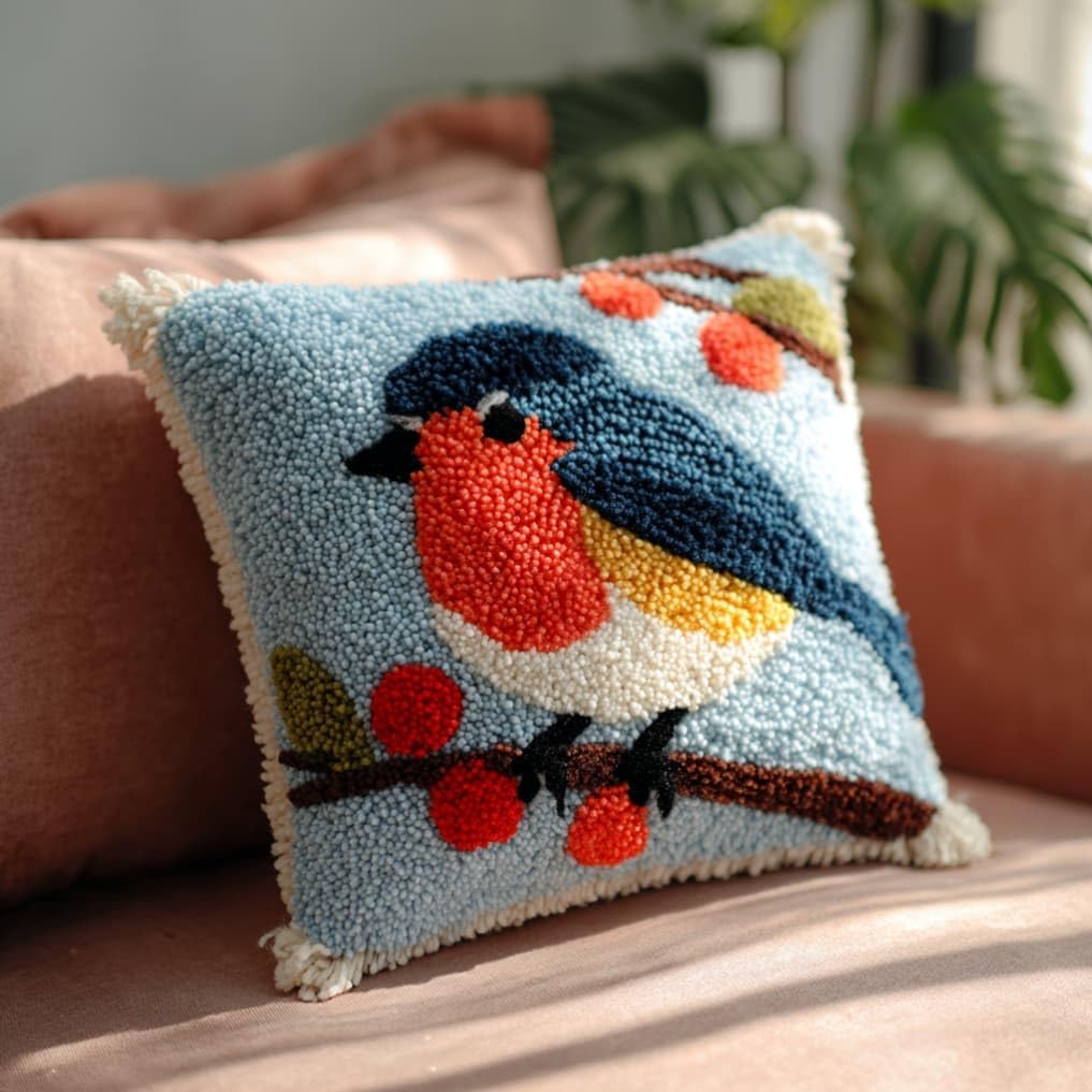 WallustrioaW Latch Hook Pillow Case Kits,Robin 17X17 Inch Latch Hook Cushion Cover Kit,Knitting Kits Cushion for Adults Rug Making Kit for Starters