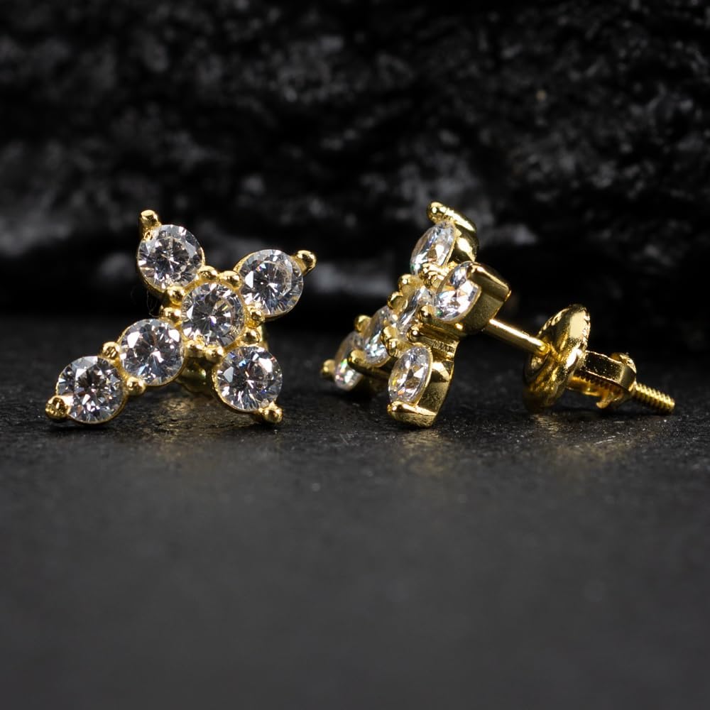 Small Solitaire Prong Set Iced 5A Cz Hip Hop Mens Women's Yellow Gold 925 Sterling Silver Hypoallergenic Crucifix Ice Out Cubic Zirconia Gothic Cross Screw Back Stud Earrings - Image 5