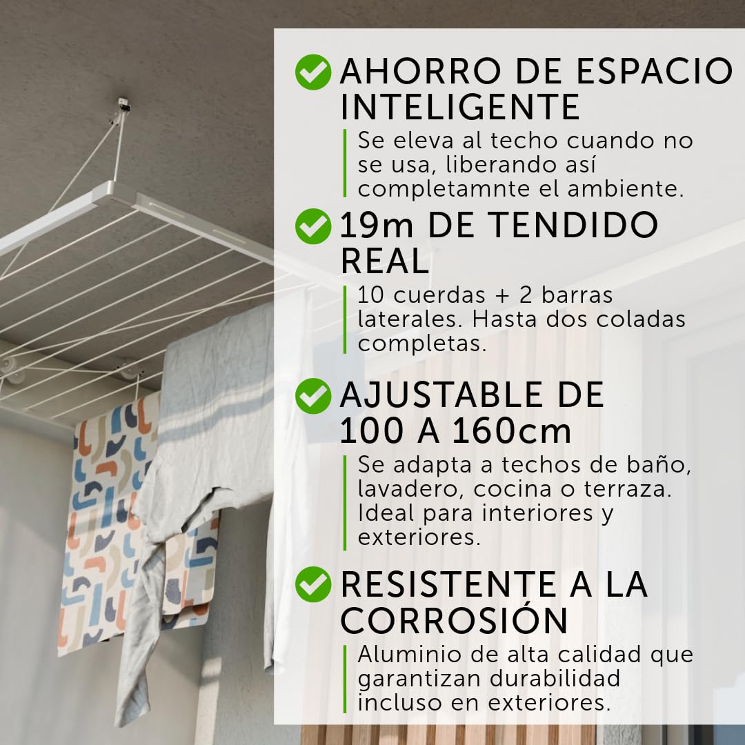 Cuncial - Tendedero de Techo Extensible I Tezno Techo Manivela | Fabricado en Aluminio anodizado | Ahorra Espacio | Gran Capacidad de tendido | Sistema Sube y Baja