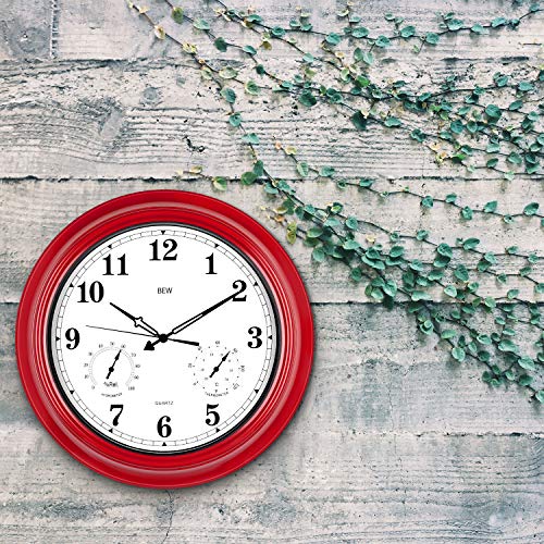 BEW Large Outdoor Clock, Waterproof Wall Clock with Thermometer and Hygrometer Combo, Weather Resistant, Silent Metal Pool Clock for Garden, Patio, Fence, Porch (18-Inch, Empire Red) - Thumbnail 3