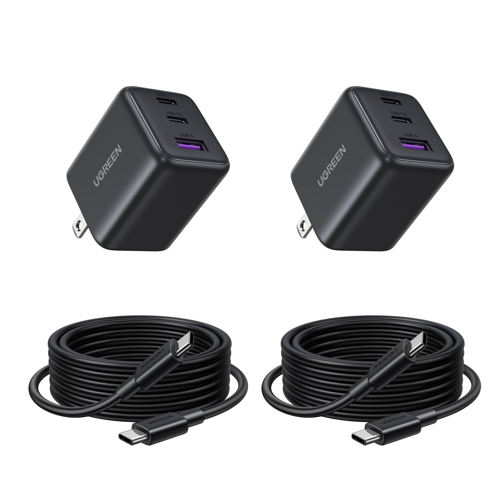 UGREEN 30W GAN Cargador Tipo USB C 2 Pack con 2m Cable USB C con 3 Puertos