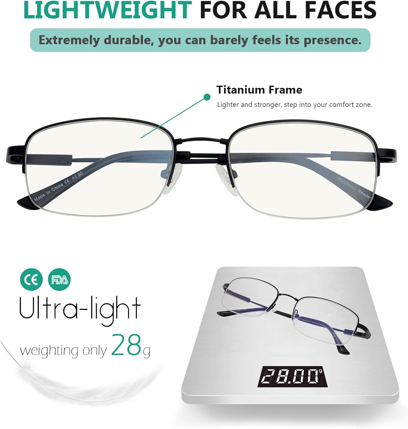 Eyekepper Half-Rim UV Protection Progressive Reading Glasses 3 Levels Multifocus Readers Men Women Bendable Memory Frame (Gold, 1.50)