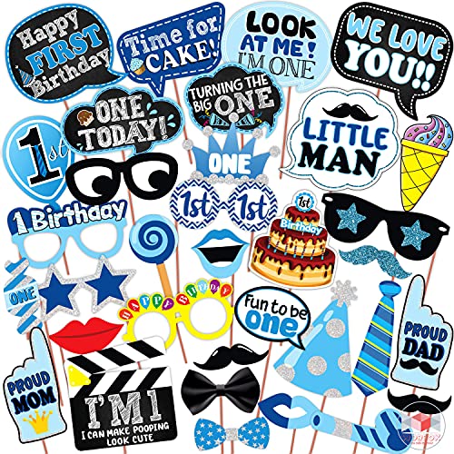 Image of Wobbox All Occasion Indian Family Photo Booth Party Props (18 pcs) & Discount Retail Photo Booth Party Props (30 pcs) & WOBBOX First Birthday Photo Booth Party Props Blue for Baby Boy