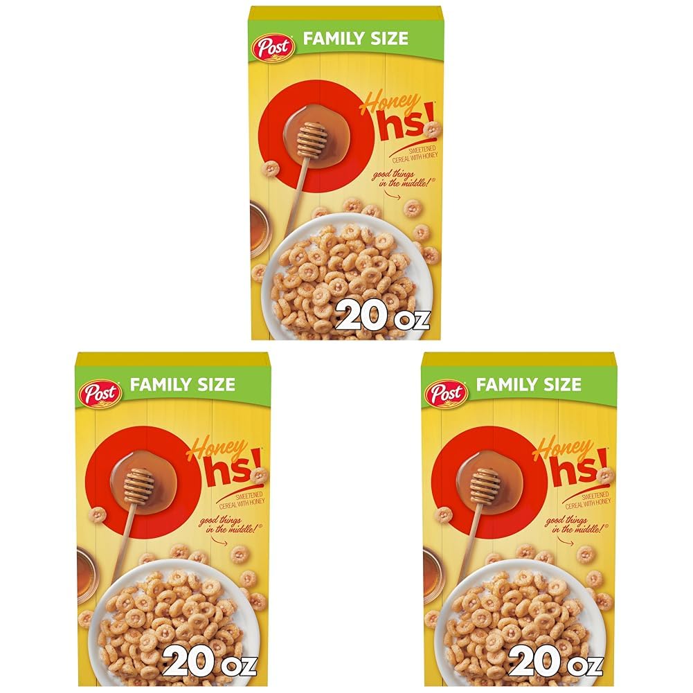 Honey Ohs! Family Size Cereal, Crunchy Breakfast Cereal Os Made with Sweetened Corn, Oats and Rice, 20 OZ Box (Pack of 3)