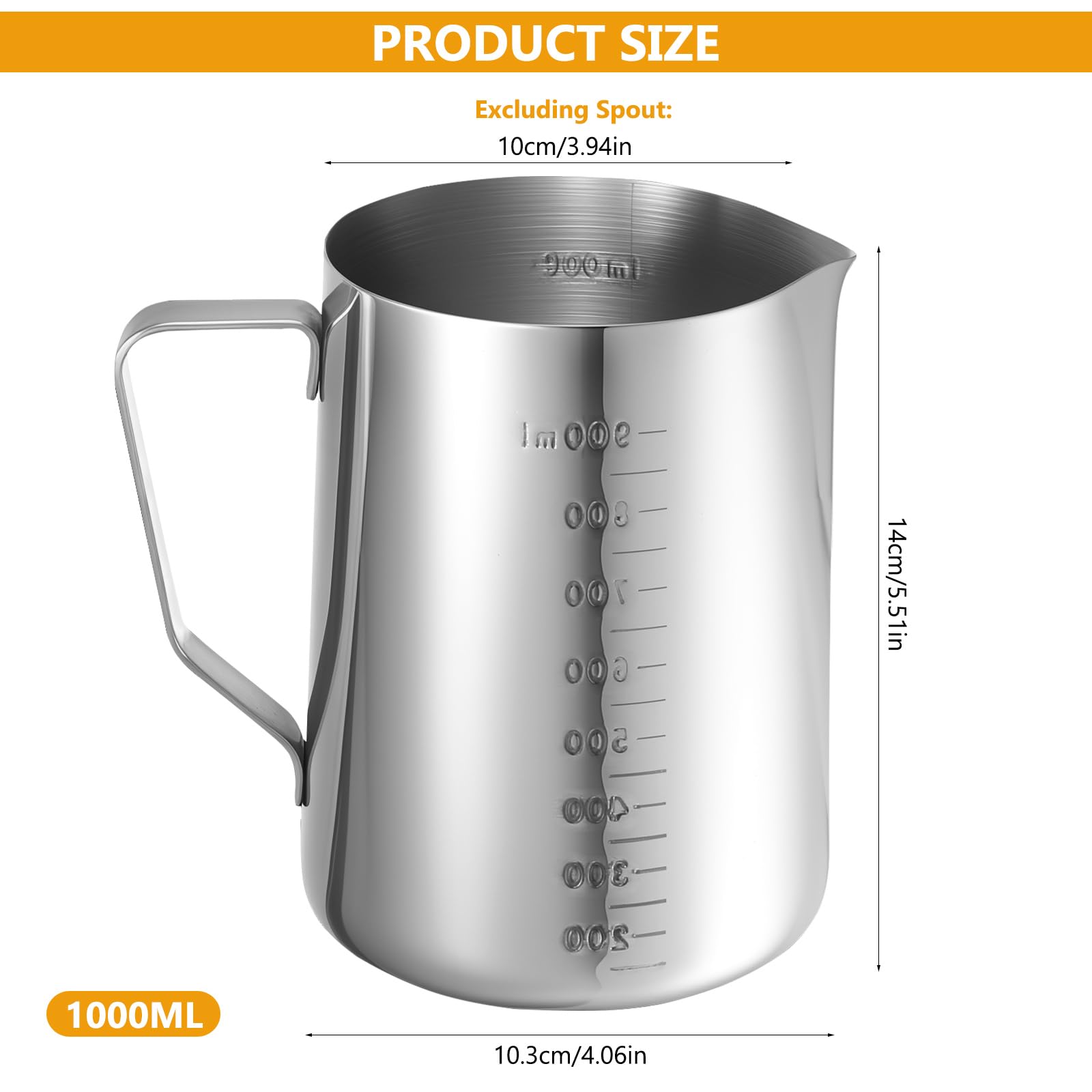 Vaso Medidor de Acero Inoxidable de 1 L, 1000 ml Jarra Medidora de Acero Inoxidable con Escala Fina, Vaso Batidora de Metal para Bar, Cafetería, hogar, cocina y restaurante