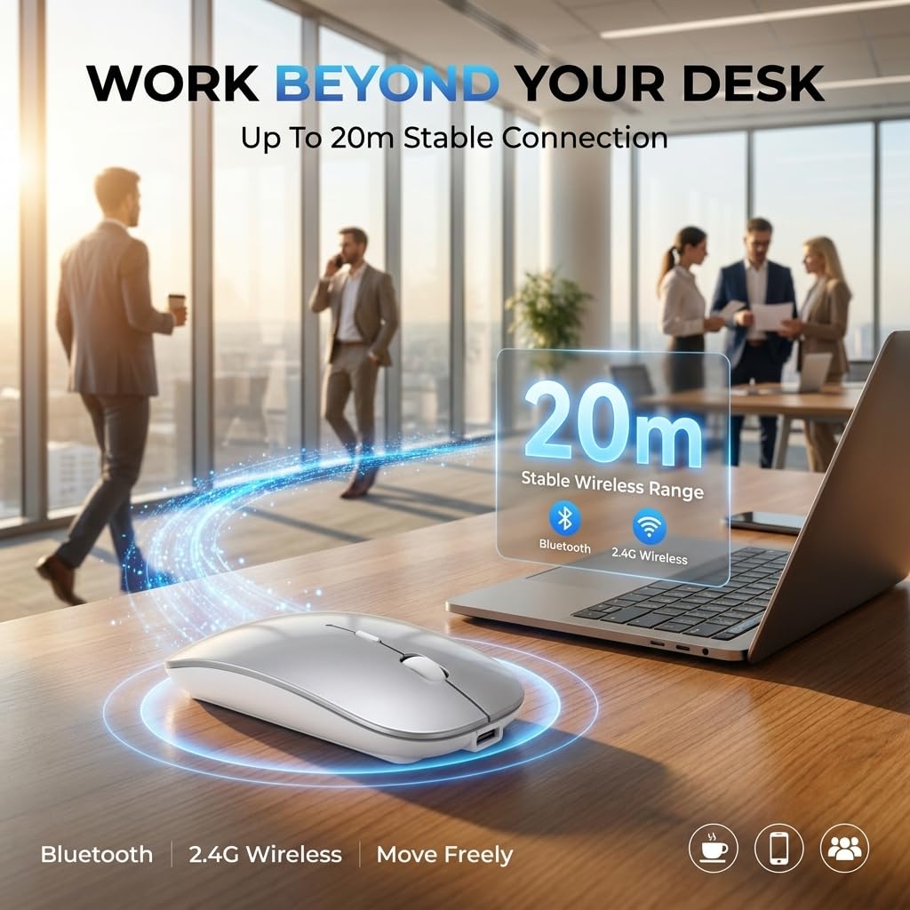 Mouse wireless Bluetooth con modalità Jiggler, mouse silenzioso ricaricabile per MacBook Air/Pro PC portatile, multi-dispositivo BT5.2/BT3.0 e ricevitore USB-A/USB-C 2.4G, mouse ottico ergonomico con