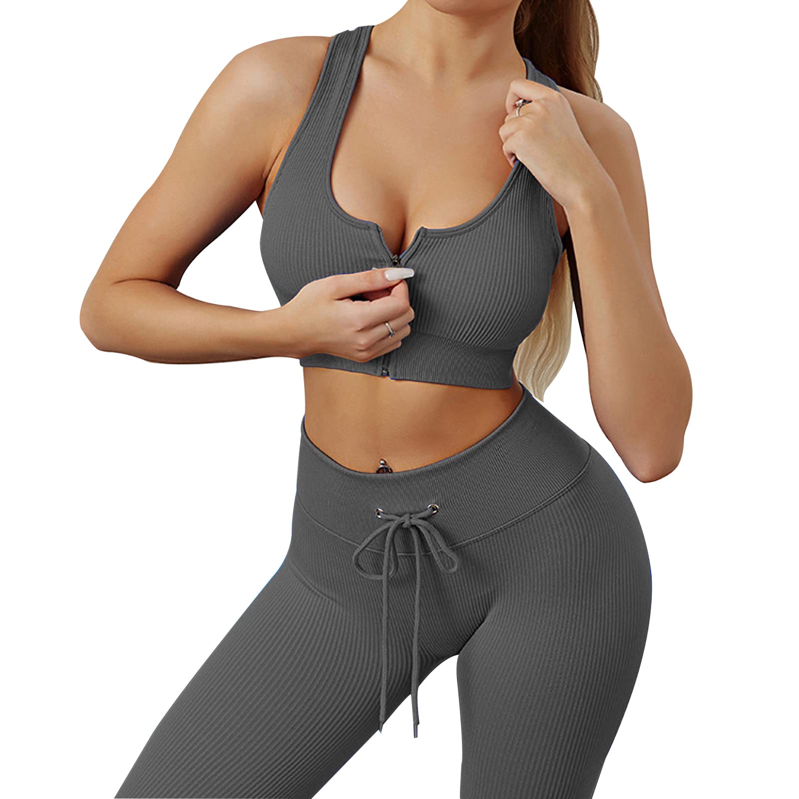 Workout Sets for Women 2 Piece Ribbed Seamless Zipper Sport Bra High Waist Leggings Yoga Outfits JOTEUS