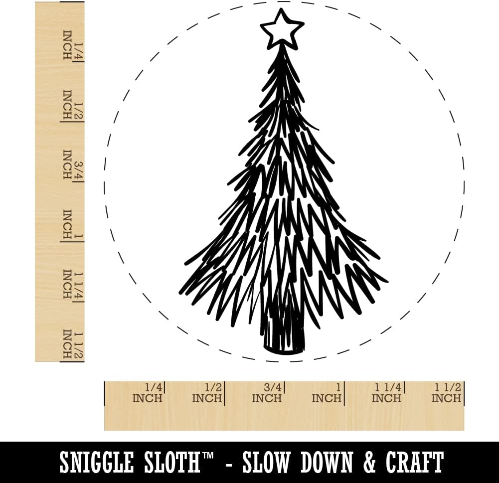 Hand Drawn Christmas Evergreen Tree with Star Self-Inking Rubber Stamp Ink Stamper for Stamping Crafting Planners - 1-1/2 Inch Large - Red Ink