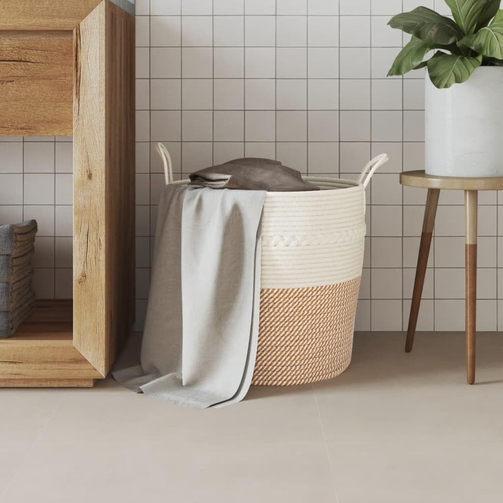 Dekokorb Baumwolle mit Griffen, faltbarer Aufbewahrungskorb Braun Weiß Ø43x38 cm – langlebiges Baumwollseil, platzsparendes Design, ideal für Kleidung, Handtücher, Decken