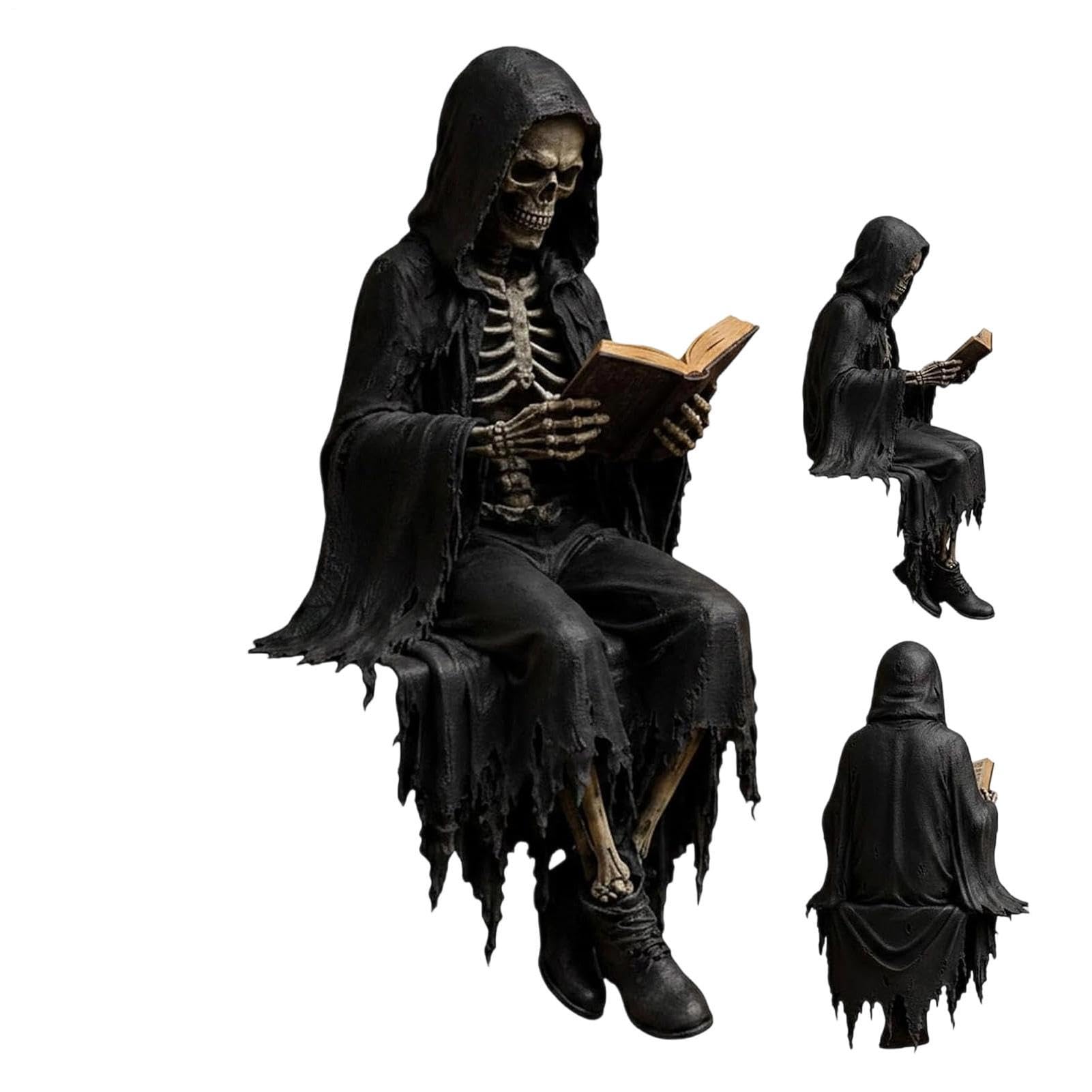2026 Gothic Dark Fantasy Figure, 4.7/6.3inch Seated Reaper Reading Book Sculpture, Gothic Shelf Decor - Horror Figures for Pc and Bookshelve Halloween