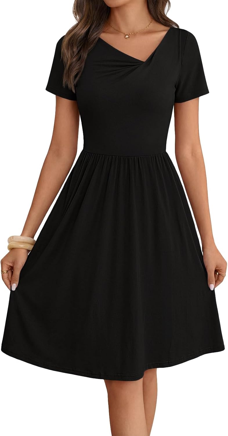 MEROKEETY Women's Asymmetrical V Neck Sundress 2026 Spring Summer Short Sleeve Ruched Casual A Line Mini Dresses Pockets