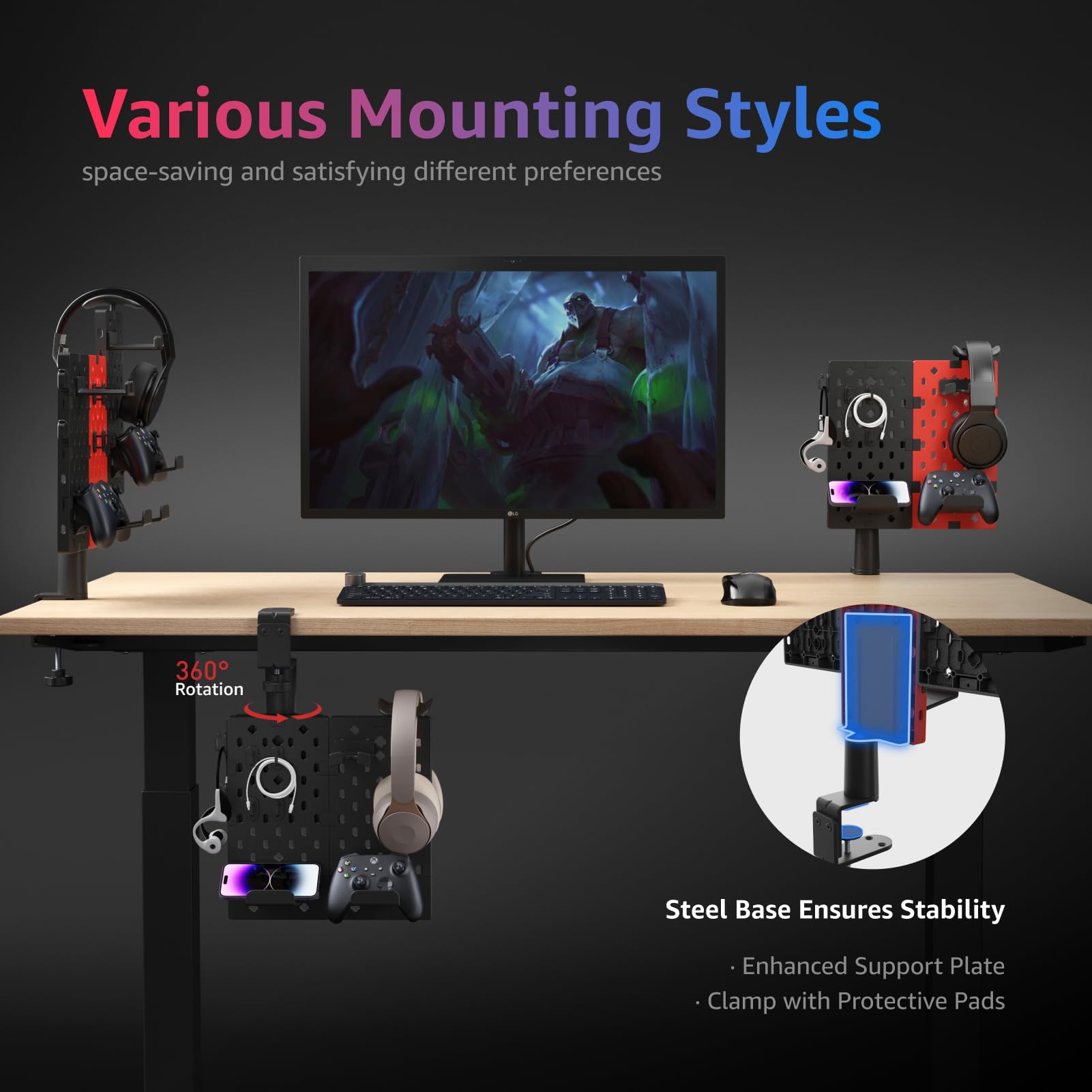 Kopfhörer- und Controller-Halter, drehbarer Gaming-Zubehör-Organizer, modularer Schreibtisch-Controller-Ständer mit Kabelhaken, 3 Stück, Schwarz