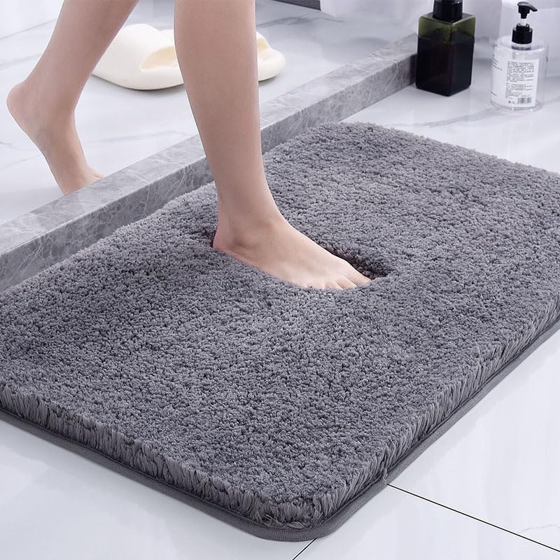 Deluxe Bathroom Floor Mat Plush Height (3 cm) Ultra Soft Absorbent Microfiber Plush Bath Mat Rubber Backing Quick Drying Machine Washable and Dryable Bathroom Floor Mats 24 x16 (Gray)