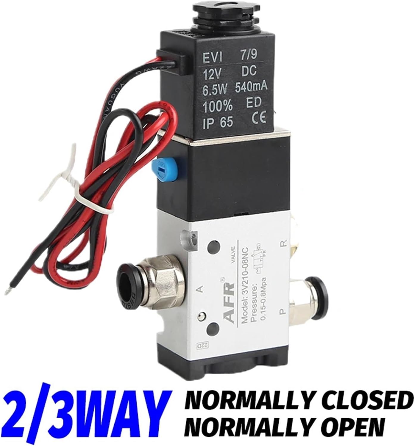 Detailed view of the solenoid valve showing the electrical coil and pneumatic ports with labels P, A, R.
