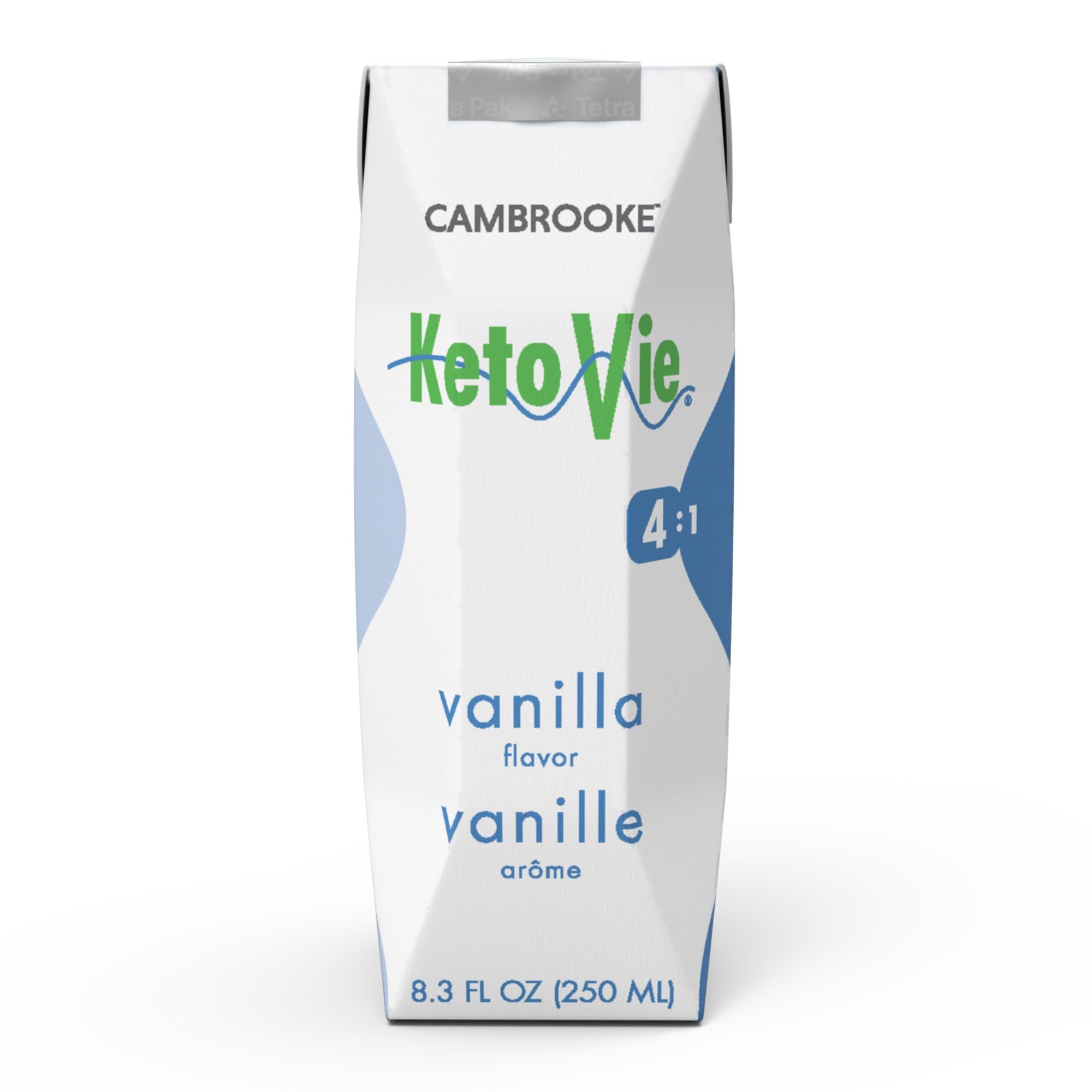 Suplemento oral KetoVie 4:1 sabor vainilla líquido, 237 g (8.3 oz). Caja de 30 unidades.