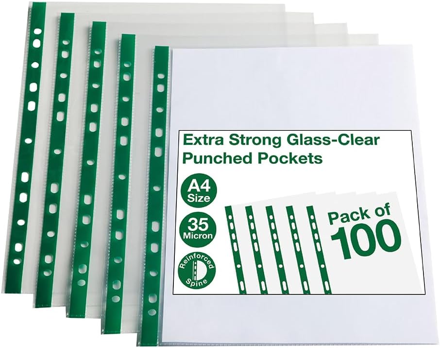 SUMMIT Punched Poly Pockets A4, Glass Clear, Bag of 100 Plastic Wallets