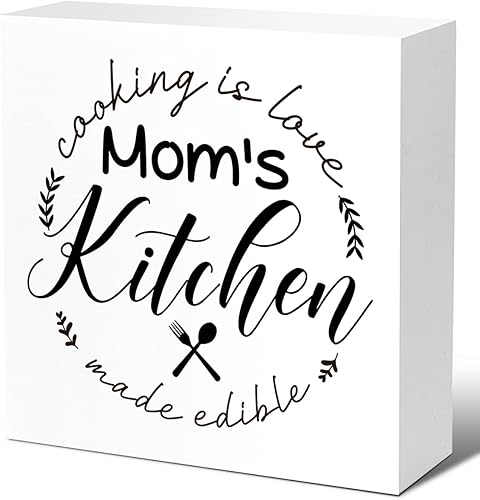 LVQHI Letrero de bloque de madera de la cocina de mamá, divertido letrero de cocina para estante de escritorio, letreros de cocina rústicos para