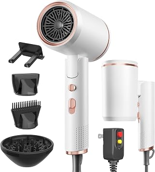 Foldable Portable Ionic Hair Dryer 1600W - Compact Mini Blow Dryer with Diffuser, Concentrator & Comb Nozzle, Intelligent Temperature Control, Low Noise for Home, Salon & Travel White
