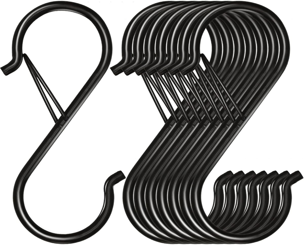 Waitkey 8 Pack S Hooks for Hanging, 3.5 inch Heavy Duty Metal S Hooks with Safety Buckle S Shaped Hooks Pot Rack Closet Hooks for Hanging Plants, Clothes, Kitchen Utensil, Pots, Pans, Bags (Black)