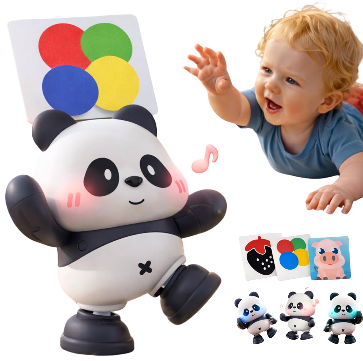 Cuddobaby Dancing Panda, Hands-Free High Contrast Flash Card Holder, Musical Toys with Changing Lights, Independent Tummy Time Newborn Toy, Crawling