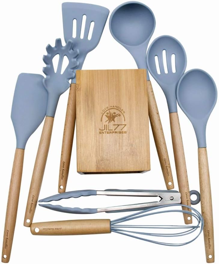 JIL77 - Silicone Utensil Set with Bamboo Holder and 8 Wooden Handles – Kitchen Cooking Utensils Sky Blue- Heat Resistant Up To 450°F. High Quality Silicone Non-Scratch