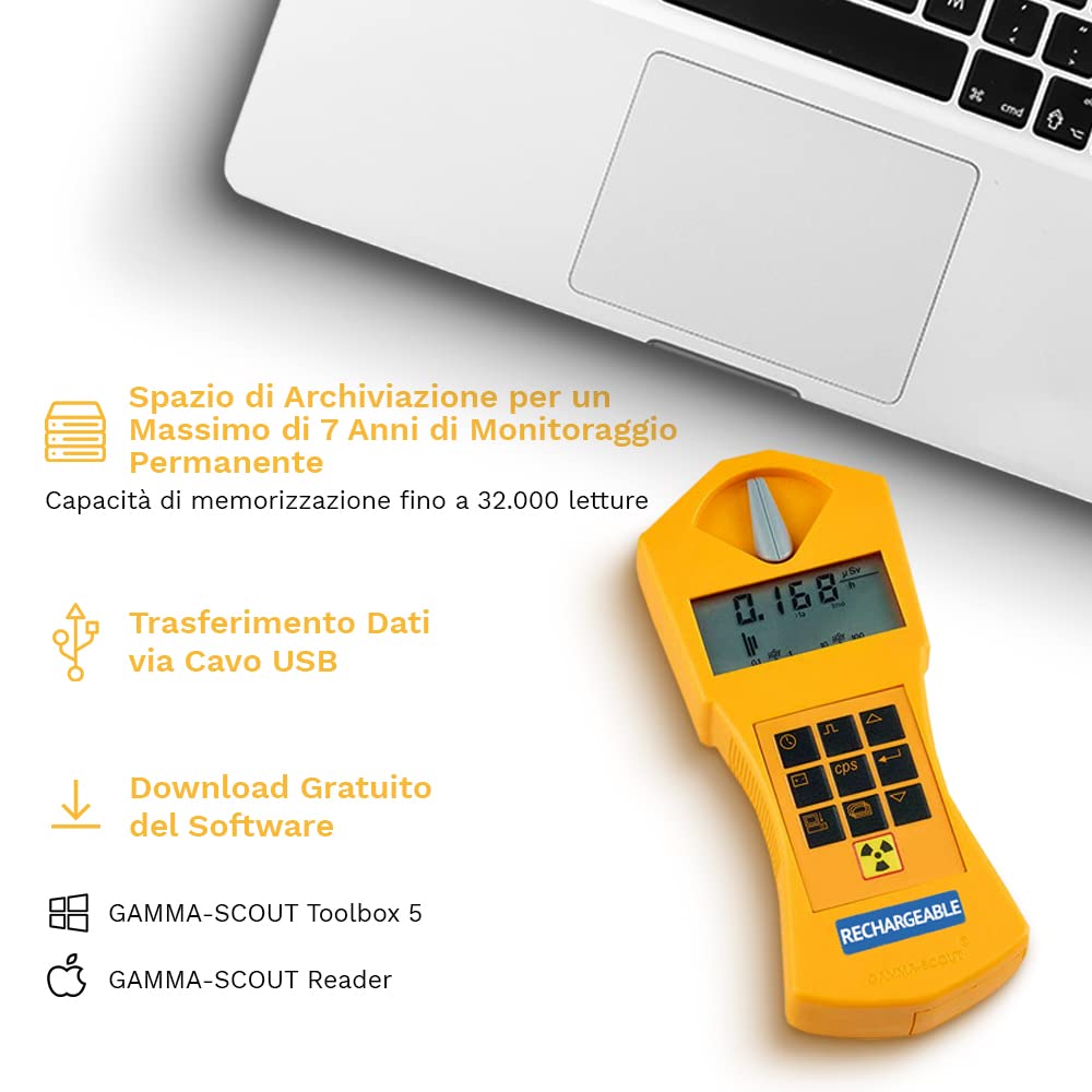 Rechargeable | Contatore Geiger per la radioattività con batteria ricaricabile, uso come dosimetro personale, misuratore di radiazioni incl. interfaccia USB e software di analisi dati