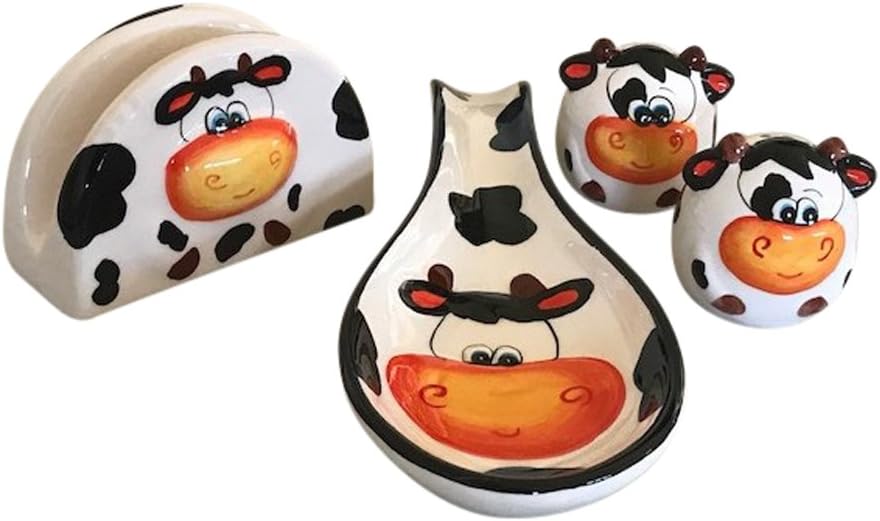 Ceramic Cow Kitchen Collection, Salt and Pepper Shaker, Spoon Rest and Napkin Holder Bundle