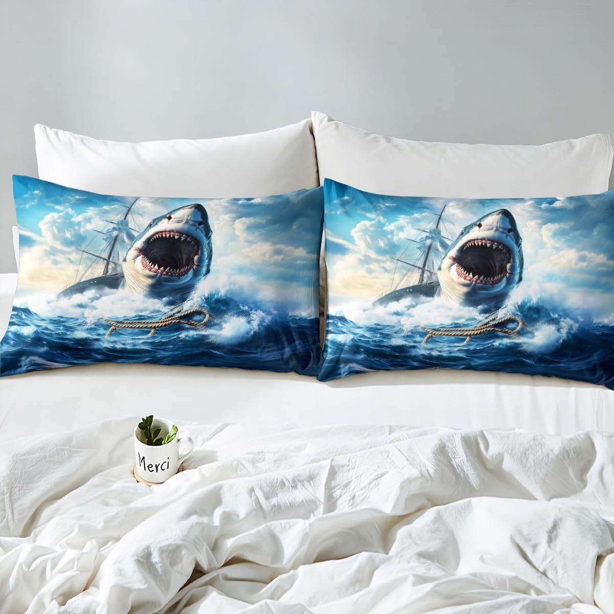 Shark Full Size Fitted Sheet,Nautical Pirate Boat Sailboat Ocean Waves 3 Pieces Kids Teenager Room Decor Sea Marine Life Shark Animal Blue Pocket 2 Pillowcases
