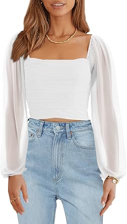 Wenrine Womens Mesh Long Sleeve Cropped Tops Square Neck Blouses