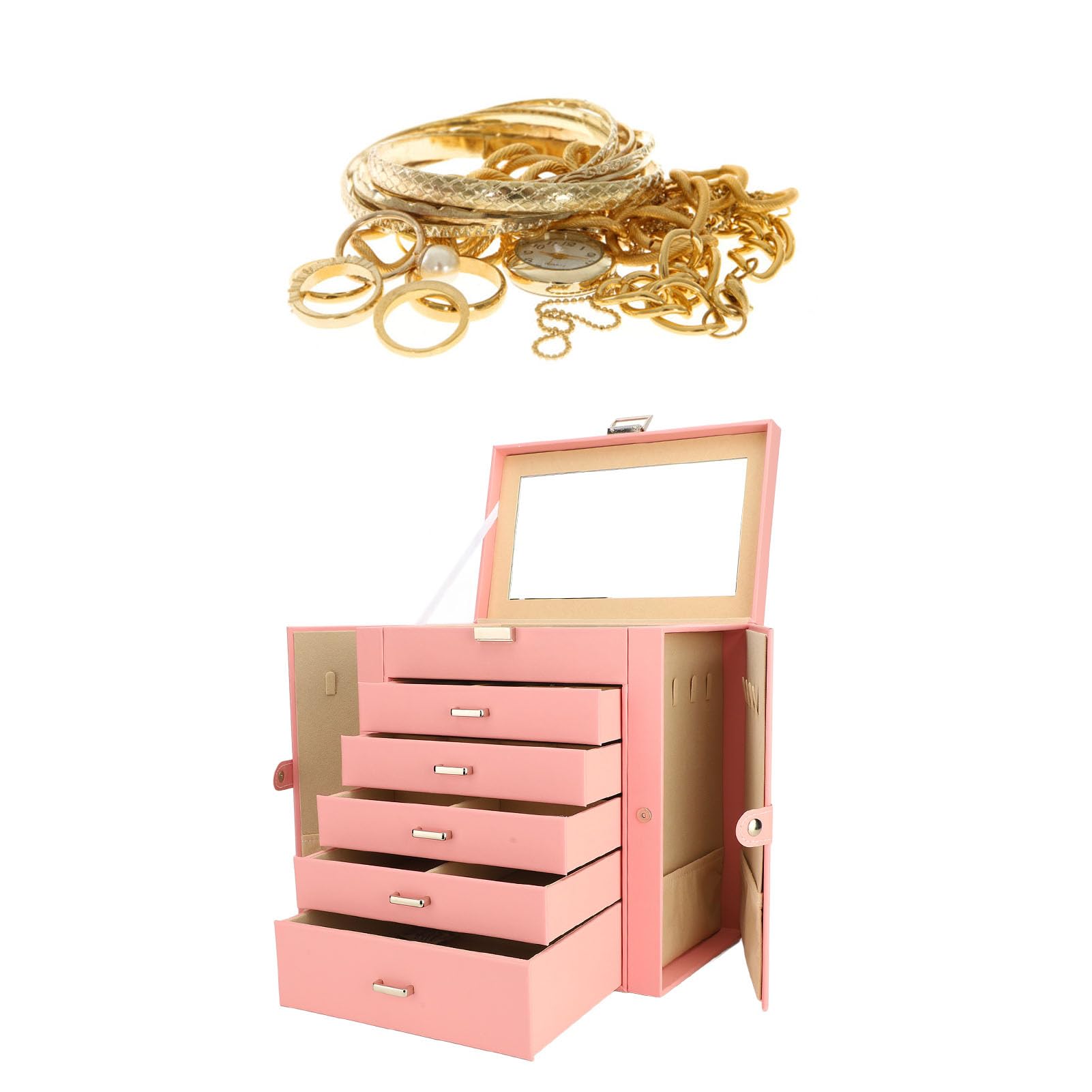 Abschließbare Schmuckschatulle mit 6 Ebenen und 5 Schubladen, Großer Schmuck-Organizer, Spiegel-Schmuckkästchen mit Fächern, Ideal für Damen, Ringe, Ohrringe, Halsketten, Armbänder und Uhren