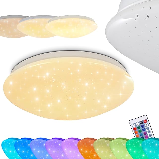 Lampa sufitowa LED Norton STAR, lampa sufitowa z efektem brokatu, zmieniaczem kolorów RGB i pilotem, 15 W, 900 lumenów, 3000 K, ściemniana lampa łazienkowa z efektem gwiaździstego nieba, IP44