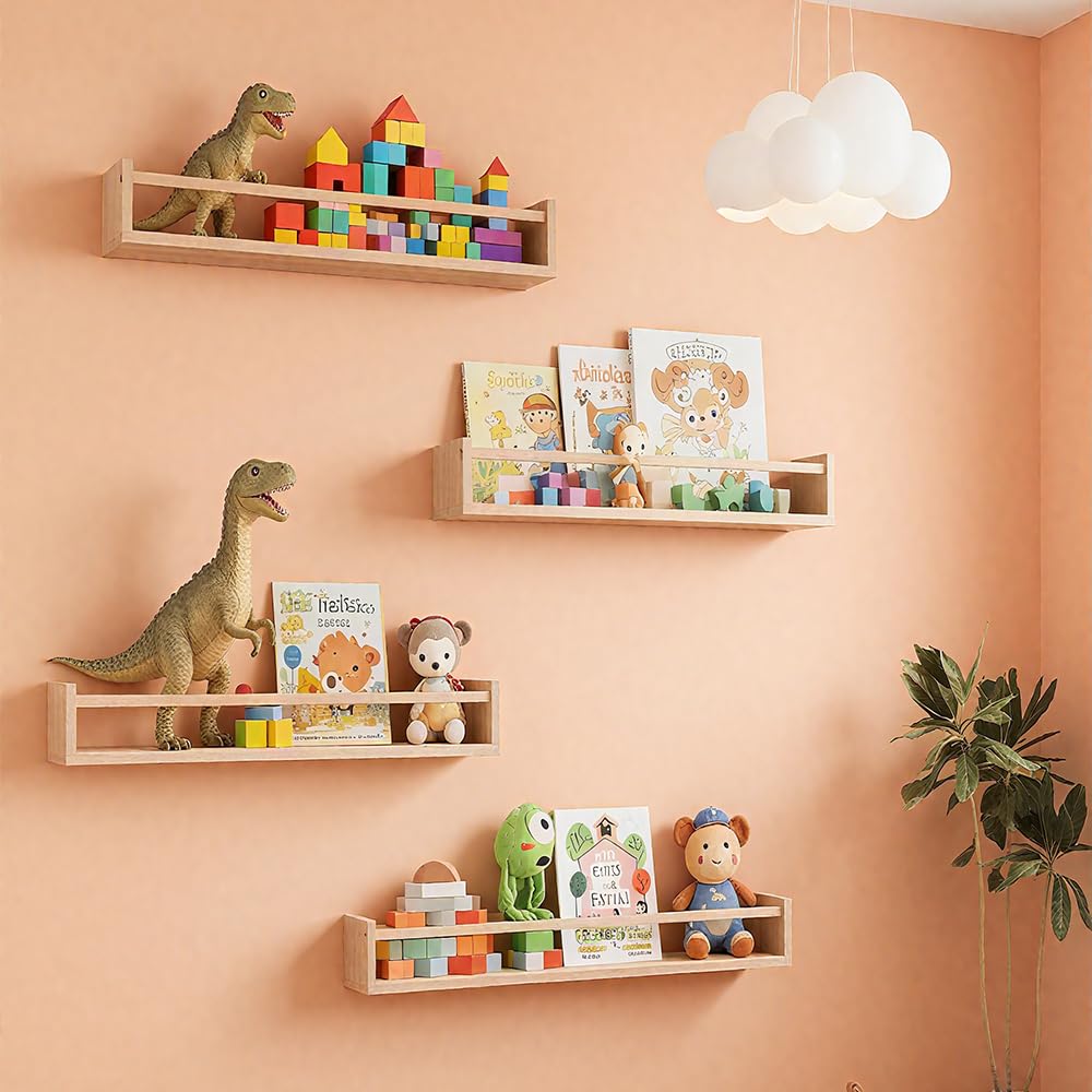 HEKOBAG Lot de 4 Étagères Murales Flottantes en Bois, 41cm Étagère Livres Flottante, Étagère à Livres pour Enfants, Bibliothèque Murale Flottante pour Chambre à Coucher, Salon, Salle de Bain