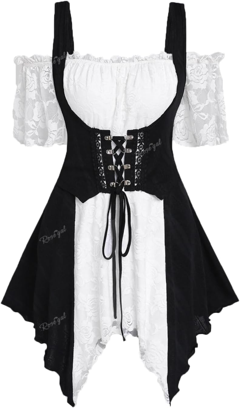 ROSE GAL Rosegal Women Plus Size Gothic Cold Shoulder Top Medieval Renaissance Corset Shirt