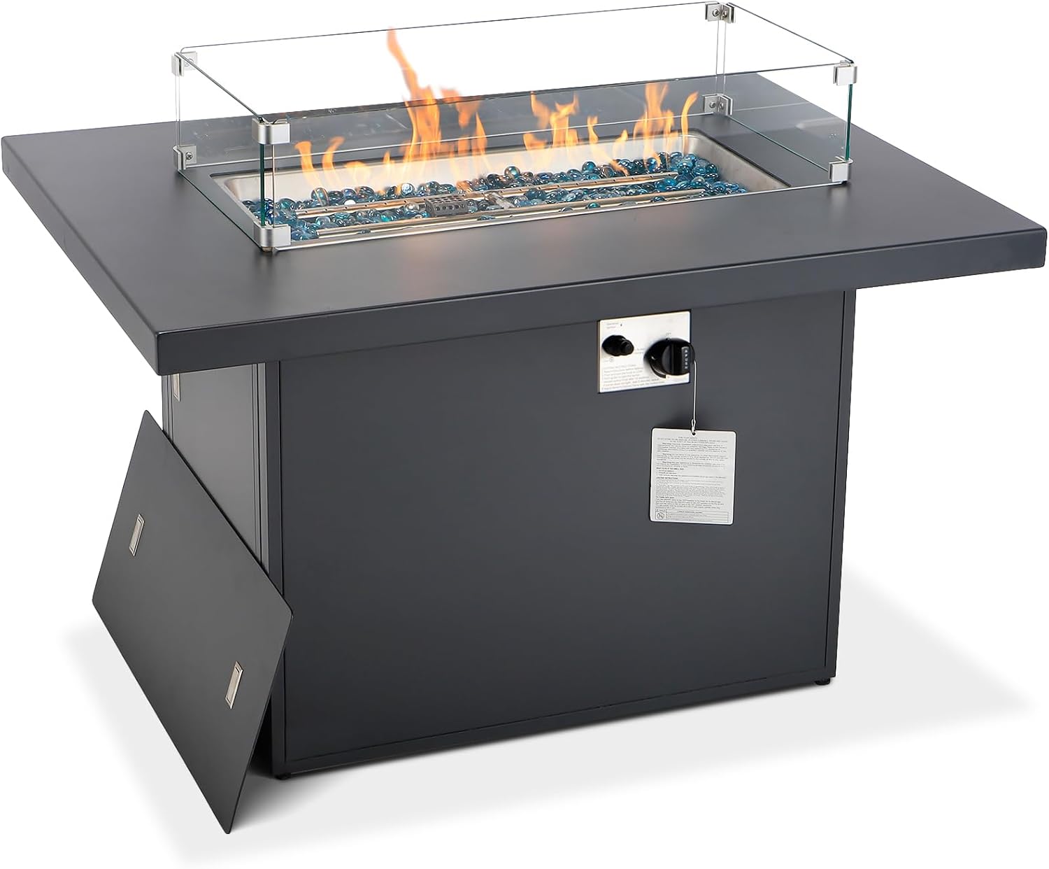 RADIATA Patio Outdoor Aluminum Rectangle Propane Gas Fire Pit Table Anti-Rust 60,000 BTU H-Burner Firepit with Glass Stones & Wind Guard Glass Cover for Outside Garden Yard Pool Balcony (Grey)