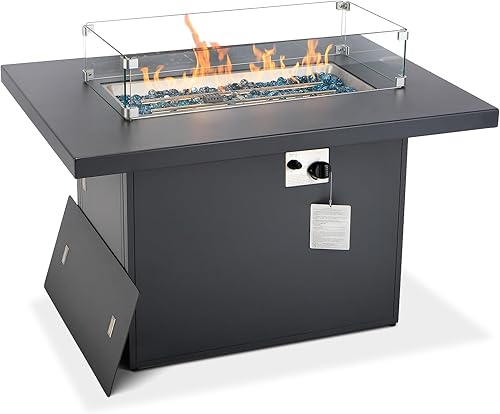 RADIATA Mesa rectangular de propano de gas natural, mesa de fuego de mimbre de polietileno para quemador exterior de acero inoxidable de 55,000 BTU,