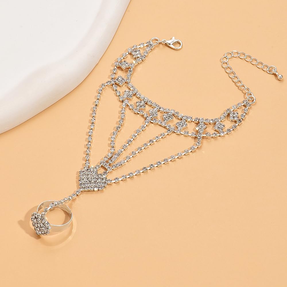 JWICOS Rhinestone Bracelet with Slave Finger Ring Hand Chain Bracelet Ring Rhinestone Tassel Hand Chain for Women and Bride (Style 11) - Image 5