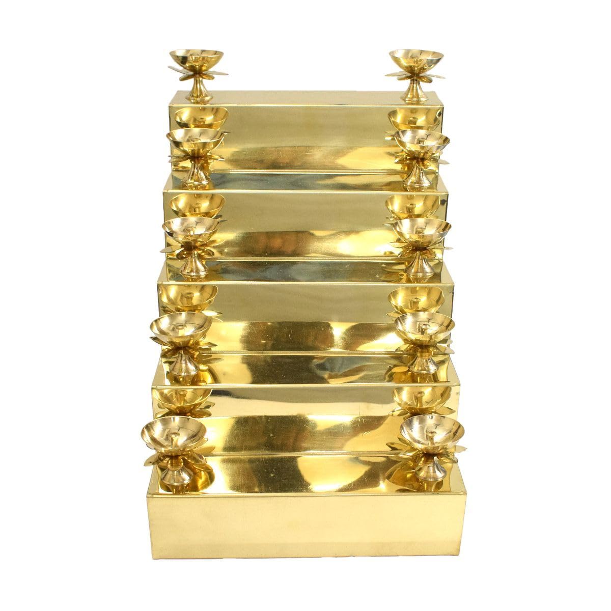Tarang Arts Traditional Brass Diya Stand Set, 5-Tier Decorative Temple Lamp Holder, Gold Plated Metal, Religious Pooja Accessory