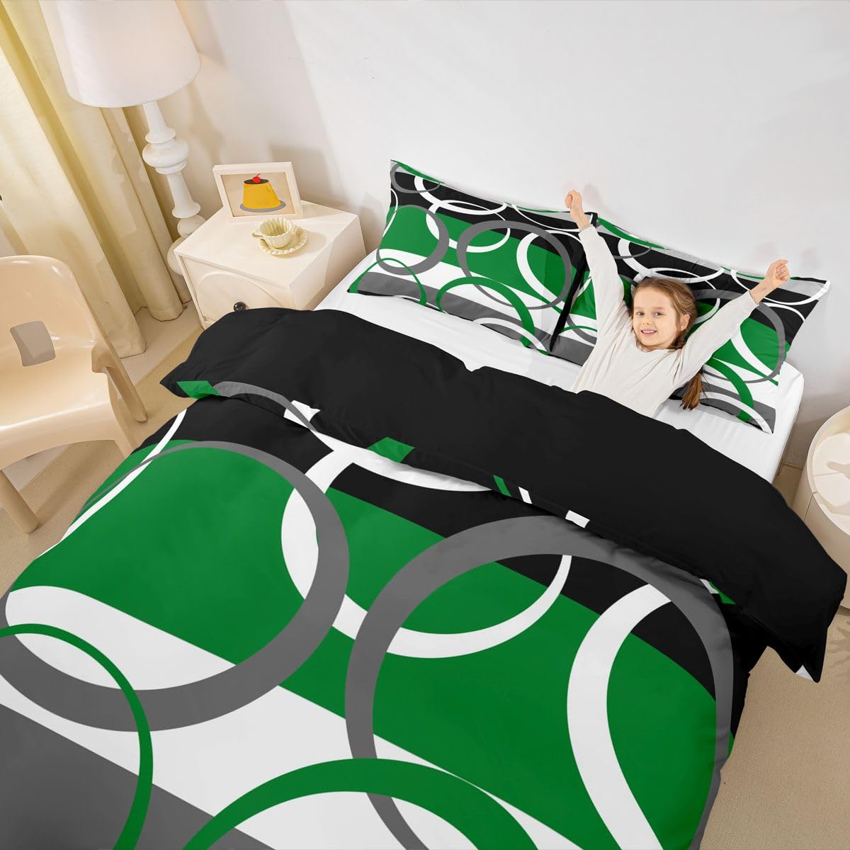 Homewish Abstrakcyjna poszewka na kołdrę super king biały szary czarny zielony zestaw pościeli dla dorosłych nastolatków kobiet geometryczne okrągłe paski poszewka na kołdrę nowoczesne minimalistyczne